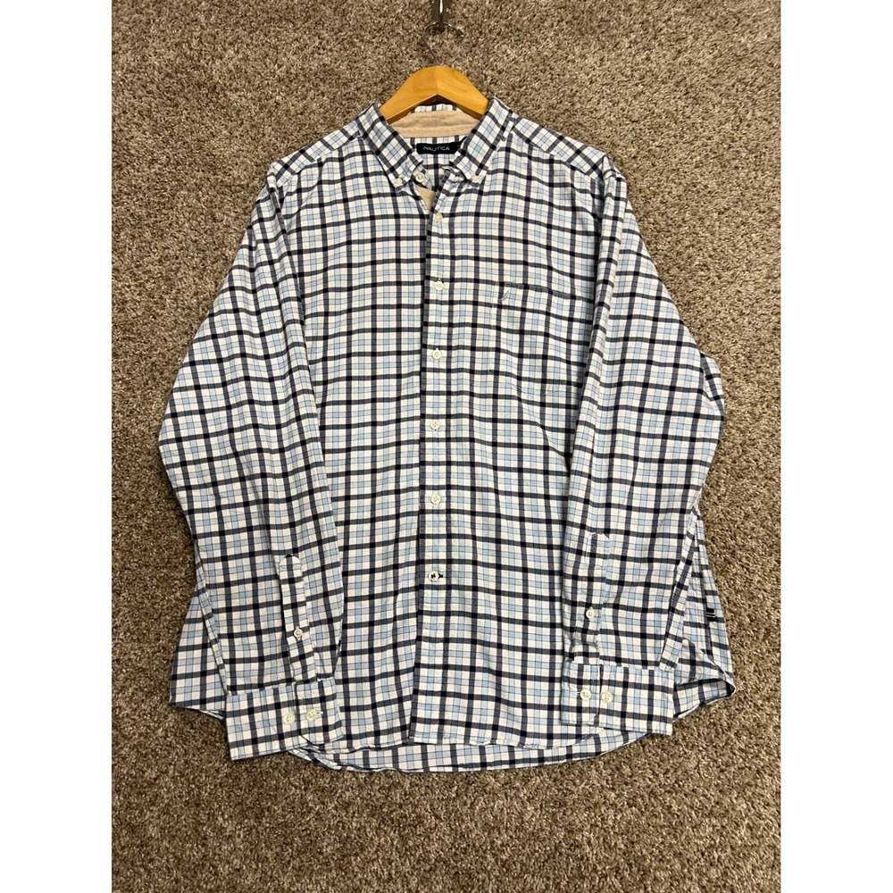 Nautica Mens XL Blue White Plaid Long Sleeve Button Down Shirt Cotton Pocket